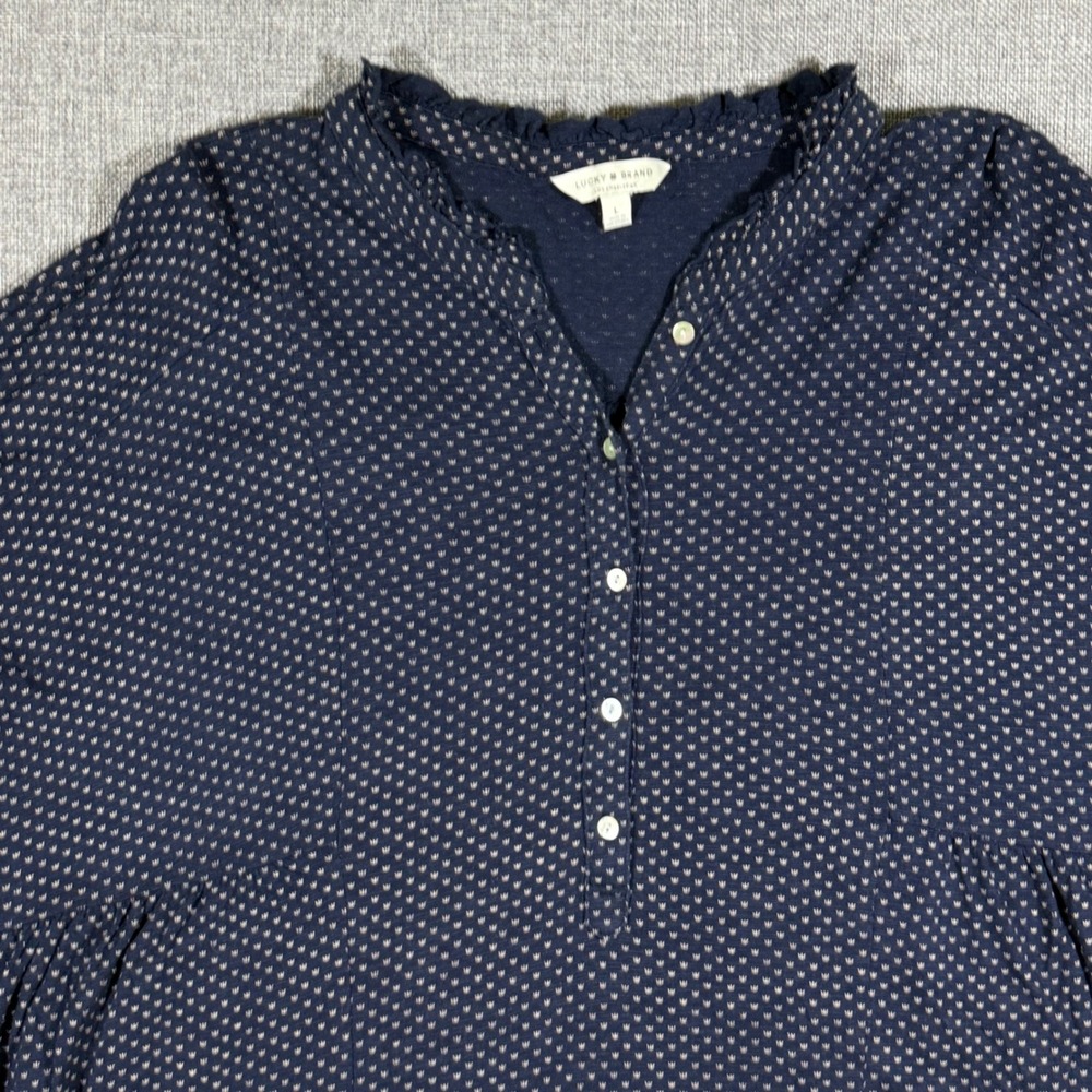 Lucky Brand Peasant Blouse Women L Navy Blue White Ruffle Neck Boho Roll Tab Top